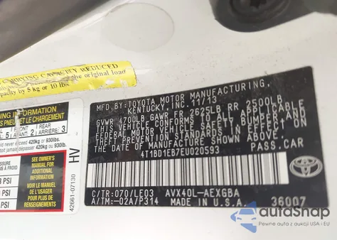 2014 Toyota Avalon Hybrid Xle Touring from USA, damaged, VIN 4T1BD1EB7EU020593